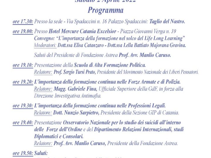 Fondazione Astrea                          Inaugurazione Sede Regionale Siciliana di Catania Sabato 2 aprile 2022